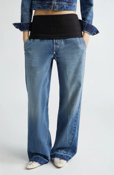 Stella Mccartney Cummerbund Detail Nonstretch Denim Wide Leg Jeans In Blue,black