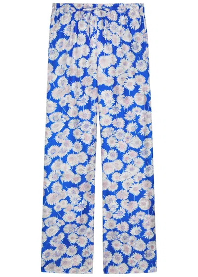 Stella Mccartney Daisy Floral-print Straight-leg Silk Trousers In Blue
