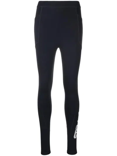 Stella Mccartney Dark Blue Logo Print Scuba Leggings In Black