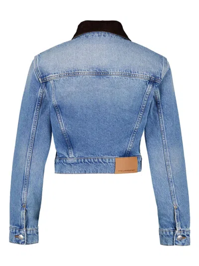 Stella Mccartney Cropped Cotton-corduroy Trimmed Organic Denim Jacket In Blue