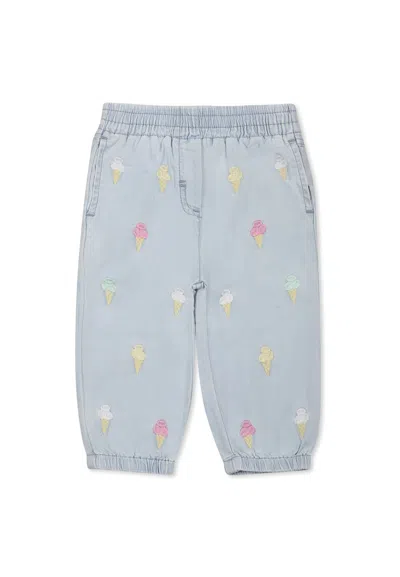 Stella Mccartney Babies' Embroidered Cotton Chambray Pants In Denim