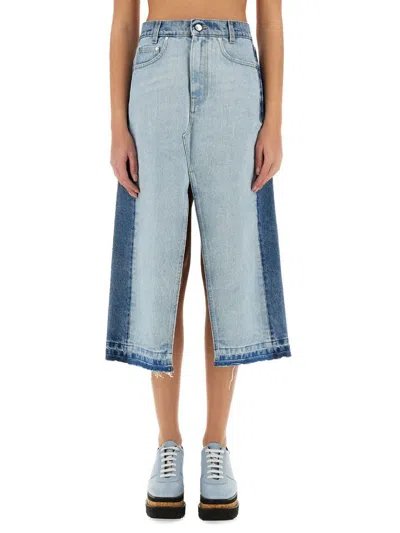 Stella Mccartney Womens Two Tonal Denim Wash Mixed Split Denim Midi Skirt In Blue