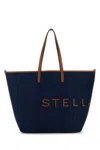 Stella Mccartney Structured Tote Bag With Denim-like Texture And Bold Lettering In Blue