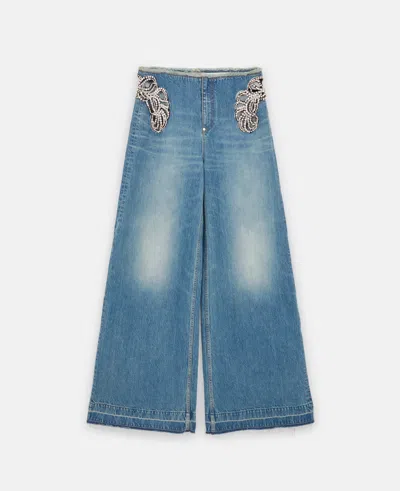 Stella Mccartney Diamanté Swirl Mid-rise Wide Leg Jeans In Faded Wash Blue Denim