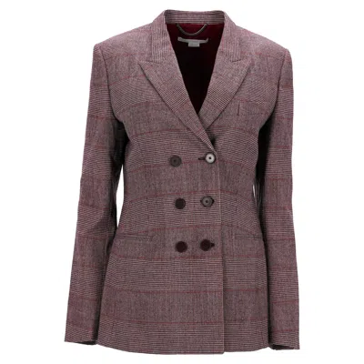 Stella Mccartney Double-breasted Plaid Jacket In Burgundy Virgin Wool In Pink