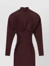 Stella Mccartney Pleated High-neck Long-sleeve Mini Dress In Brown
