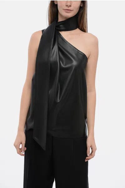 Stella Mccartney One-shoulder Draped Faux Leather Halterneck Top In 1000