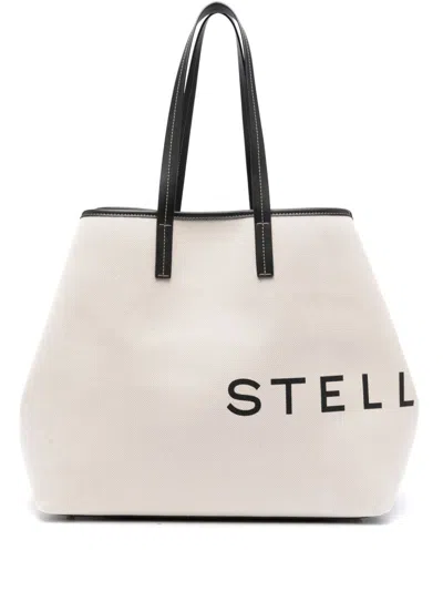 Stella Mccartney Elegant Beige Canvas Logo Print Handbag For Women