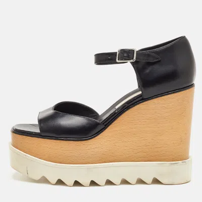 Pre-owned Stella Mccartney Elyse Size 37 Black Faux Leather Platform Wedge Sandals