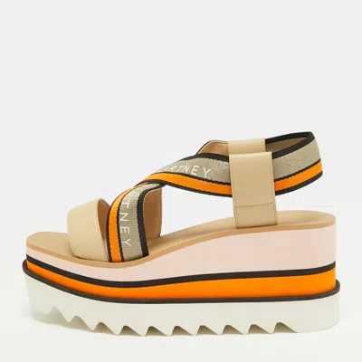 Pre-owned Stella Mccartney Elyse Size 37.5 Multicolor Fabric And Faux Leather Wedge Sandals