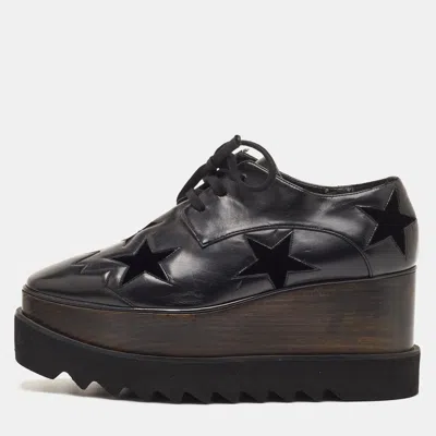 Pre-owned Stella Mccartney Elyse Star Size 37 Black Faux Leather And Velvet Platform Derby Sneakers