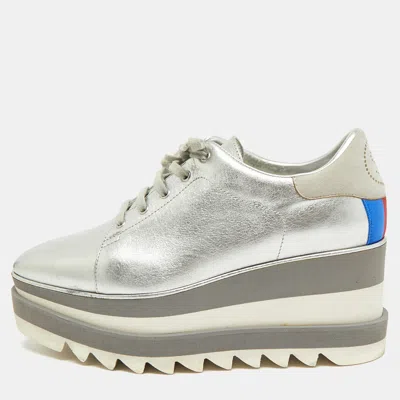 Pre-owned Stella Mccartney Elyse Star Size 37.5 Silver Faux Leather And Faux Suede Wedge Sneakers