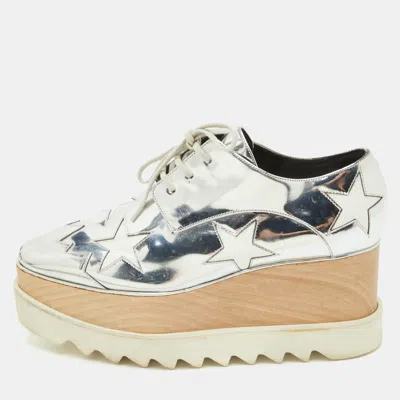 Pre-owned Stella Mccartney Elyse Star Size 38.5 Silver/white Faux Patent Leather Platform Derby Sneakers