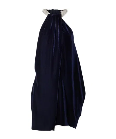 Stella Mccartney Embellished Draped Velvet Halterneck Mini Dress In Blue