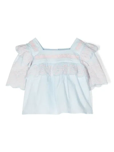 Stella Mccartney Kids' Embroidered Cotton Top In Blau
