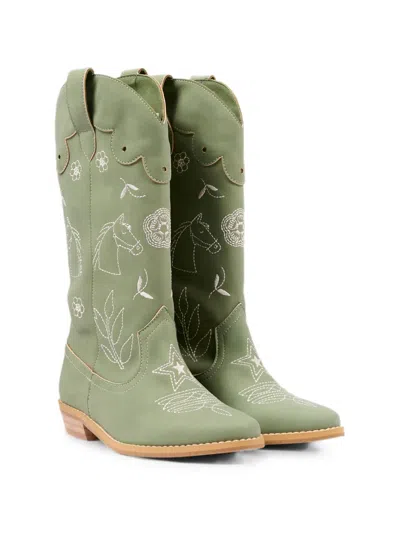 Stella Mccartney Kids' Embroidered Leather Boots In Green