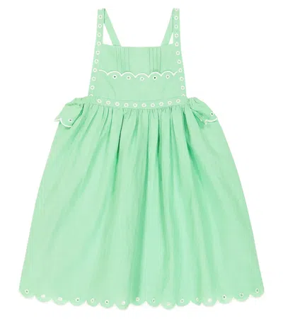 Stella Mccartney Kids' Embroidered Linen And Cotton Dress In Green