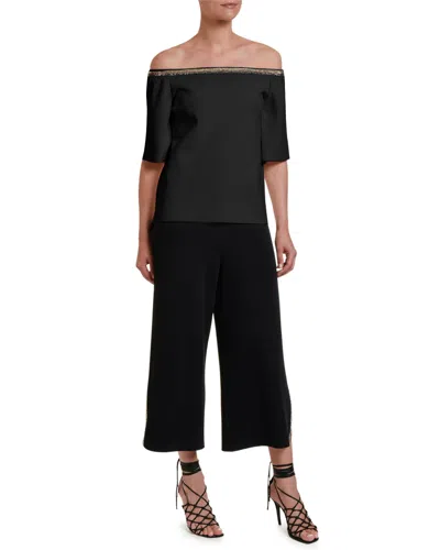 Stella Mccartney Embroidered Off-the-shoulder Compact Knit Top In Ink