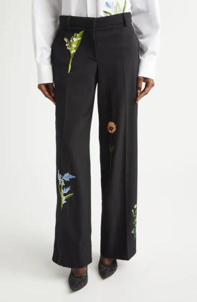 Stella Mccartney Embroidered Wool Straight Leg Pants In Black