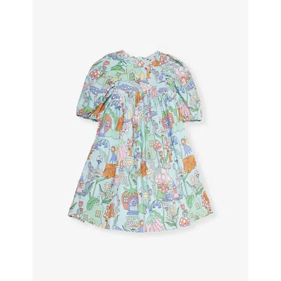 Stella Mccartney Kids' Fairy-print Balloon-sleeve Cotton-poplin Dress 4-10 Y In Light Blue