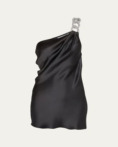 Stella Mccartney Falabella Crystal-chain One-shoulder Satin Mini Dress In Black