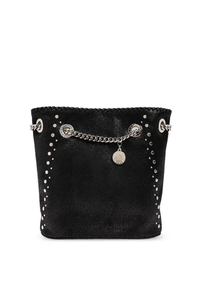 Stella Mccartney Falabella Logo Charm Studded Bucket Bag In Black