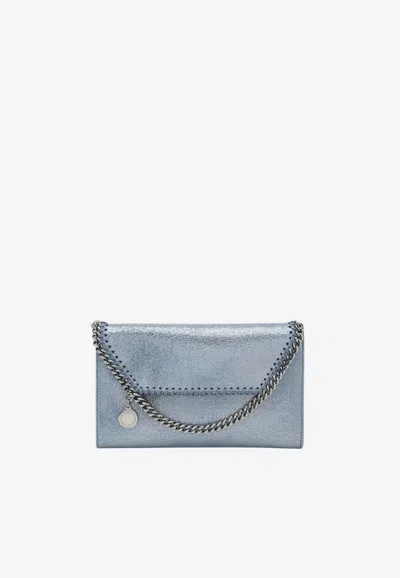 Stella Mccartney Falabella Metallic Denim Chain Clutch In Blue