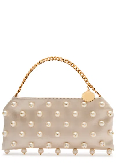 Stella Mccartney Falabella Mini Faux Pearl-embellished Satin Shoulder Bag In Neutral
