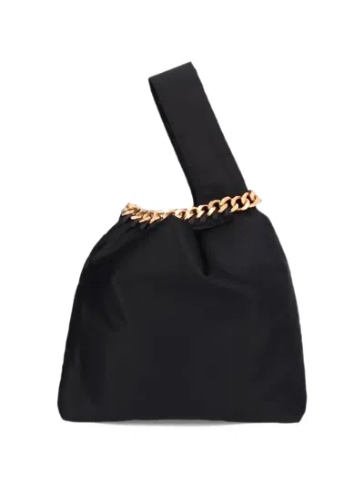 Stella Mccartney Farabella Logo-embellished Gold-tone And Satin Wristlet Tote In Black