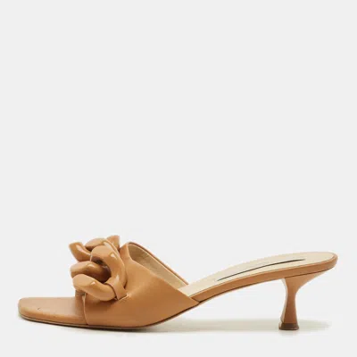 Pre-owned Stella Mccartney Falabella Size 40 Brown Leather Chain Link Slide Sandals