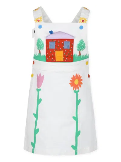 Stella Mccartney Kids' White Dungarees For Girls With Flowers And Houses In Ivory