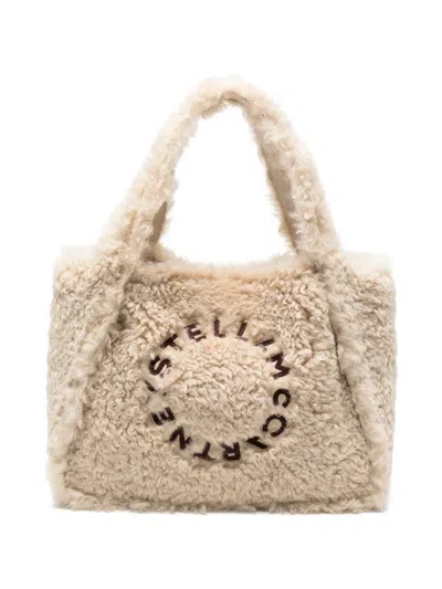 Stella Mccartney Faux Fur Tote Handbag With Embroidered Logo, Suede-effect Lining & Removable Intern In Bianco