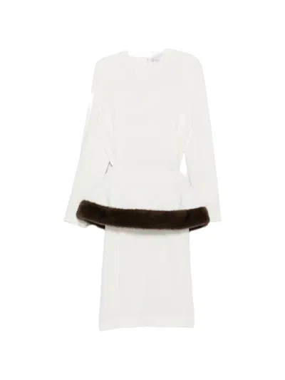 Stella Mccartney Plush-trimmed Belted Crepe Midi Dress In White