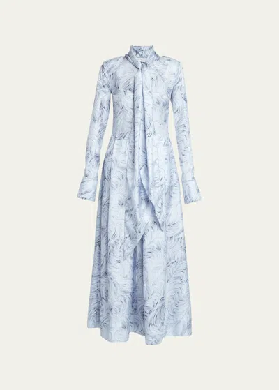 Stella Mccartney Feather-print Scarf-neck Long-sleeve Silk Maxi Dress In Blue