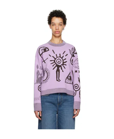 Stella Mccartney Flock Artwork Intarsia-knitted Crewneck Jumper In Purple