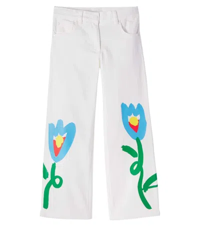 Stella Mccartney Kids' Floral Cotton Gabardine Pants In White