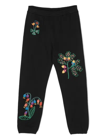 Stella Mccartney Kids' Floral-embroidered Cotton Track Pants In Black