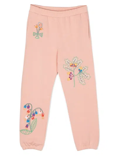 Stella Mccartney Kids' Floral-embroidered Cotton Track Pants In Pink