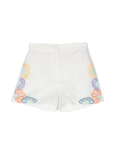 Stella Mccartney Kids' Floral-embroidered Linen-blend Shorts In White