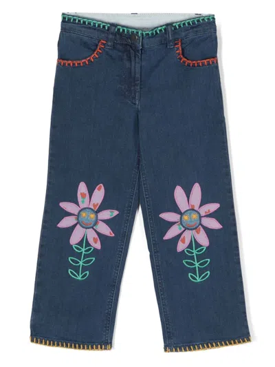 Stella Mccartney Kids' Floral-embroidered Straight-leg Jeans In Blue