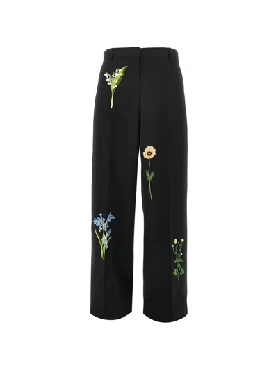 Stella Mccartney Black Wool Trousers With Floral Embroidery In Multi