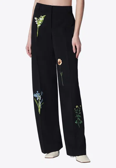 Stella Mccartney Floral Embroidered Wool Pants In Black