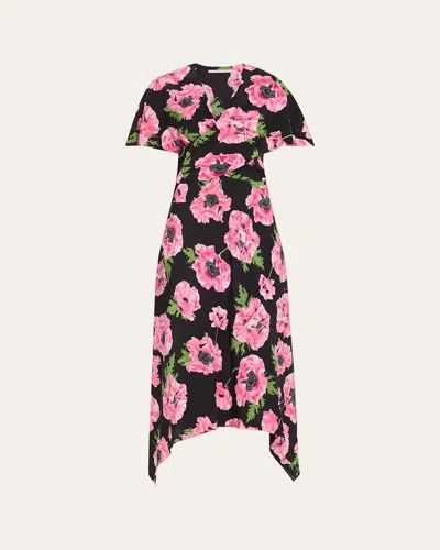 Stella Mccartney Floral Print Asymmetric Midi Dress In Pink Black