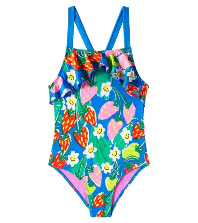 Stella Mccartney Kids' Floral Ruffled Swimsuit In Azzurro/multicolor