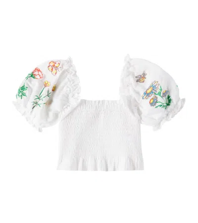 Stella Mccartney Kids' Floral Smocked Linen And Cotton Top In White