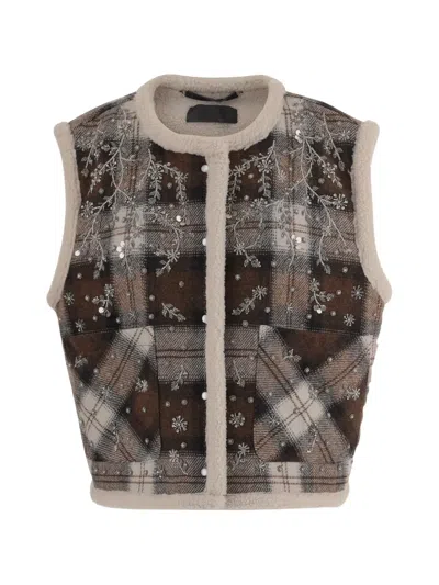 Stella Mccartney Floral-embroidered Check Vest In Brown