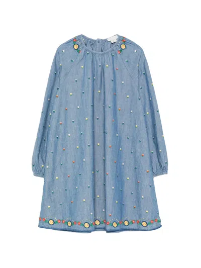 Stella Mccartney Kids' Floral-embroidered Denim Dress In Blue