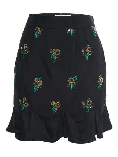 Pre-owned Stella Mccartney Floral-embroidered Ruffle Mini Skirt In Black