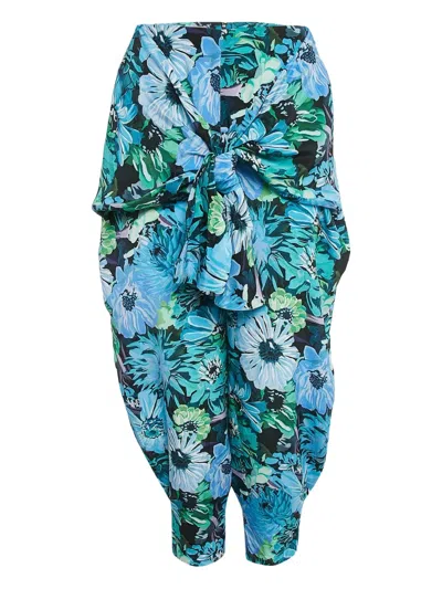 Pre-owned Stella Mccartney Floral-print Silk Trousers In Blue