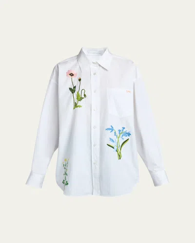 Stella Mccartney Flower Embroidered Cotton Poplin Oversized Shirt In Gray